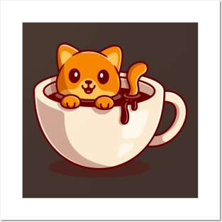 Cute Cat Swimming in Coffee Cartoon Posters and Art